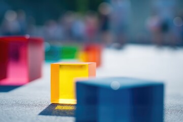 Poster - minimalistic composition featuring vibrant plastics in foreground with blurred people in background 
