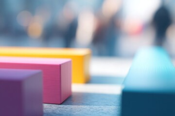 Poster - minimalistic composition featuring vibrant plastics in foreground with blurred people in background 