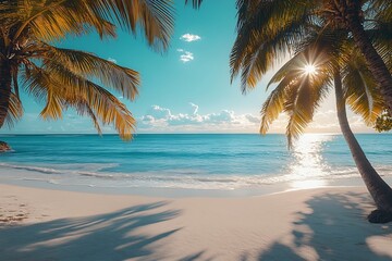Poster - Tropical Beach Paradise with Palm Trees and Sparkling Ocean Water Perfect for Summer Getaways and Vacation Backgrounds : Generative AI