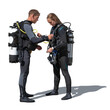 © Martin - Two people in diving kalypsos and carrying oxygen tanks checking their gear to go diving. Isolated on transparent background
