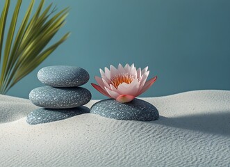 Aufkleber - Tranquil Spa Scene with Zen Stones and Lotus Flower on Sand Serene Still Life Balancing Elements Meditation Wellness : Generative AI