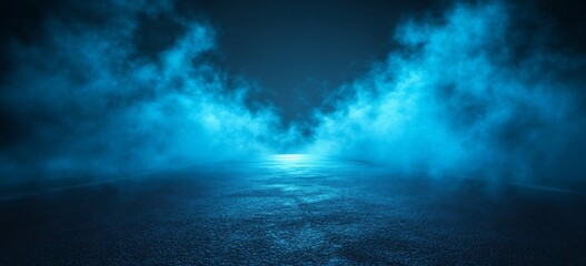 Poster - Eerie Blue Smoke Abstract Background Dramatic Misty Scene on Asphalt Road with Powerful Fog Effect and Stage Lighting : Generative AI