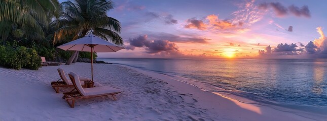 Poster - Serene Tropical Beach Sunset Panorama with Palm Trees Lounge Chairs and Pink Clouds Relaxation Destination : Generative AI