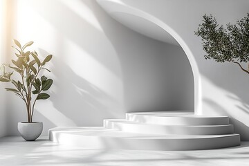 Leinwandbilder - Minimalist White Interior Design with Stairs Plants and Natural Light Clean and Serene Space : Generative AI