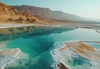Poster - Breathtaking Dead Sea Landscape Turquoise Water Salt Formations and Desert Mountains : Generative AI