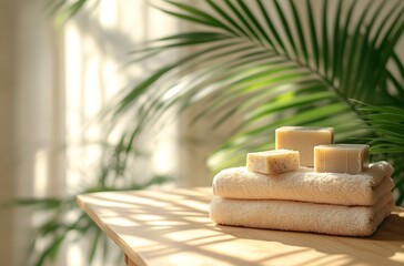 Leinwandbilder - Stylish display of natural soaps on fluffy towels by a sunny window : Generative AI