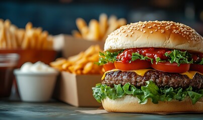 Poster - Juicy Burger with Fries A Delicious Classic American Meal Perfect for Lunch or Dinner Food Photography : Generative AI