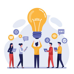 Poster - Team brainstorming ideas with light bulb concept in flat vector art