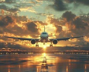 Aufkleber - Airplane Landing on Runway at Sunset with Dramatic Sky and Reflections Commercial Aviation and Travel Theme : Generative AI