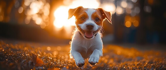 Poster - Energetic Jack Russell Terrier Puppy Running in Golden Sunset Light Cheerful Dog Playing Outdoors Fun Animal Portrait : Generative AI