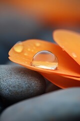 Poster - Zen Water Drop on Orange Petal Macro Photography with Smooth Stones and Soft Lighting for Serene Spa Designs : Generative AI