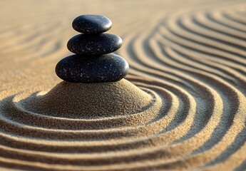 Fototapete - Stacked black stones on sandy surface with flowing patterns creating a peaceful Zen garden : Generative AI
