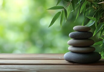 Leinwandbilder - Zen Stone Stack and Bamboo Leaves in Natural Green Setting for Meditation and Peaceful Wellness : Generative AI