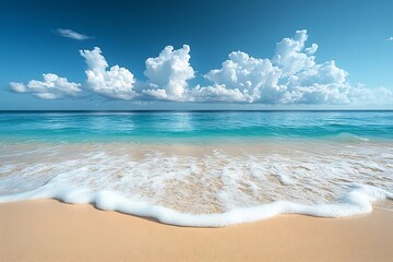 Poster - Idyllic Beach Scene with Turquoise Water White Sand and Fluffy Clouds for a Perfect Vacation Getaway : Generative AI