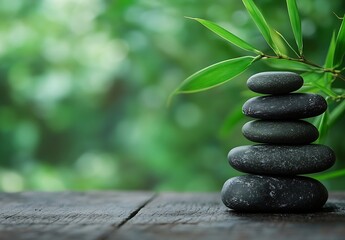 Fototapete - Zen Stone Tower with Bamboo Against Serene Green Backdrop for Wellness and Spa Concept Photography : Generative AI