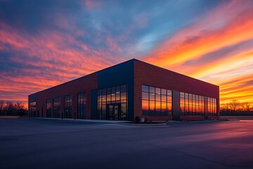 Poster - Stunning Sunset Over Modern Commercial Building Facade With Fiery Sky and Reflective Windows in Industrial Park : Generative AI