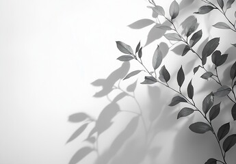 Poster - Elegant Black and White Leaf Branches with Shadows on White Background Minimalist Botanical Art Modern Design : Generative AI