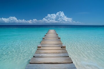 Aufkleber - Idyllic Tropical Beach Scene with Wooden Pier Azure Water and Clear Blue Sky Vacation and Paradise Destination Tranquility : Generative AI