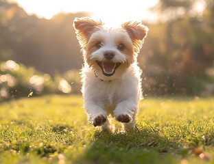 Poster - Energetic Terrier Mix Dog Running Joyfully Through Sunny Meadow Pets Wildlife Happy Puppy Outdoors Canine Breed : Generative AI