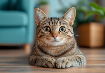 Poster - Adorable Brown Tabby Cat with Big Eyes Looking at Camera Cute Pet Portrait Domestic Animal Feline Friend Calm Pose : Generative AI