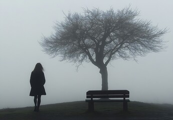 Poster - A Quiet Moment Captured with a Woman and Tree in a Foggy Environment : Generative AI