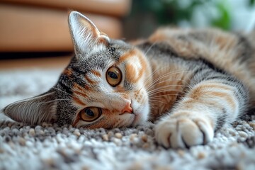 Poster - Adorable Calico Cat Relaxing on Plush Carpet Detailed Close Up Portrait of Domestic Pet : Generative AI