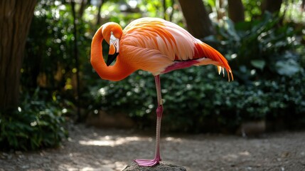 Poster - Elegant flamingo resting on one leg in a lush environment, showcasing its vibrant pink and white feathers in natural light
