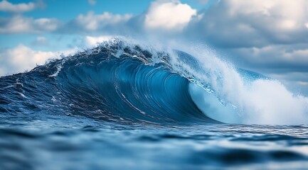 Poster - Powerful Ocean Wave Crashing with White Foam and Blue Sky Nature's Force and Beauty Seascape Photography : Generative AI