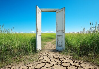 Poster - Two Open Doors Revealing Vibrant Green Landscape Under Clear Blue Sky : Generative AI