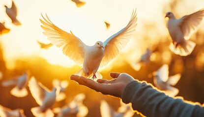 Aufkleber - Captivating scene of white doves soaring gracefully from a hand during a stunning sunset : Generative AI