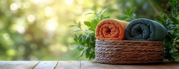 Aufkleber - Fresh Clean Towels Rolled in Basket with Greenery for Spa and Bathroom Decor Wellness and Relax : Generative AI