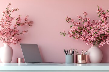 Poster - Home Office Desk with Laptop Cherry Blossoms and Pink Accents Modern Feminine Workspace Design Floral Decor : Generative AI