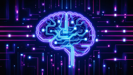 Fototapete - A vivid representation of a brain formed by glowing circuits in blue and pink shades, set against a dark background. This artistic visualization symbolizes technology and artificial intelligence