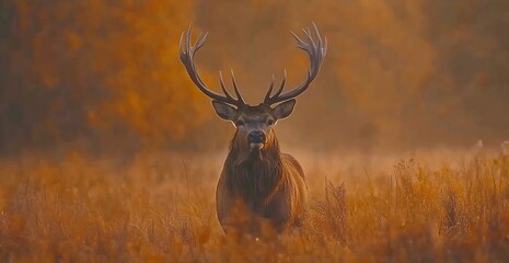 Poster - Majestic Stag with Antlers in Golden Autumn Light Wildlife Photography in Natural Habitat : Generative AI
