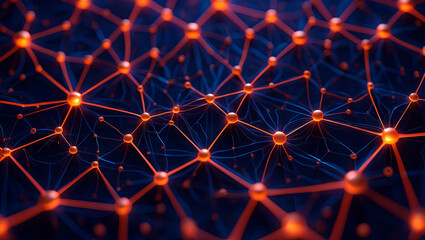 Poster - Complex network of glowing nodes interconnected by lines forms a detailed pattern on a dark surface. This design represents digital data flow and connectivity