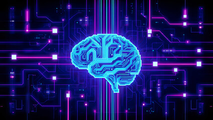 Poster - A glowing brain design made of intricate circuit patterns is centered against a dark, high-tech background filled with colorful digital lines and shapes