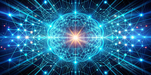 Poster - Colorful abstract art captures the intricate connections of atomic particles, showcasing energy flow and a central light source, creating a dynamic visual experience