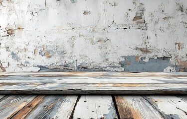 Aufkleber - Distressed White Wall and Wooden Floor Weathered Texture Vintage Style Shabby Chic Rustic Background Interior Design Empty Room : Generative AI