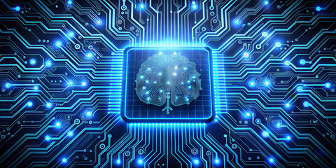 Poster - A futuristic design showcases a brain embedded in a circuit board, symbolizing the integration of artificial intelligence with technology. Bright blue lights enhance the digital aesthetic