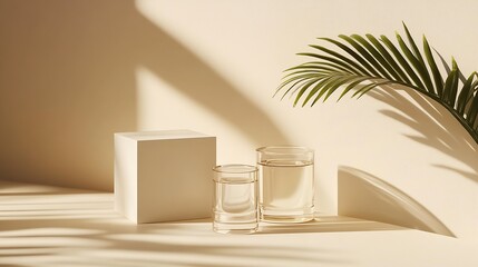 Poster - Clear glass jars set on a simple background with palm fronds and soft shadows creating a serene look : Generative AI