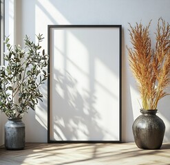 Aufkleber - Modern Empty Frame Mockup with Plants and Sunlight Stylish Interior Decor for Art and Design Display : Generative AI