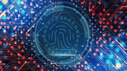 Poster - Fingerprint animation on digital circuit board with glowing red and blue lights