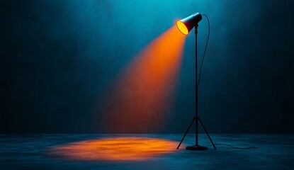 Poster - Illuminated spotlight casting vibrant orange light in a modern setting with an attractive blue background : Generative AI
