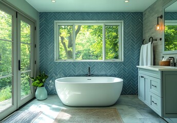 Poster - Serene bathroom oasis with natural light illuminating a sleek bathtub surrounded by greenery and stylish decor : Generative AI