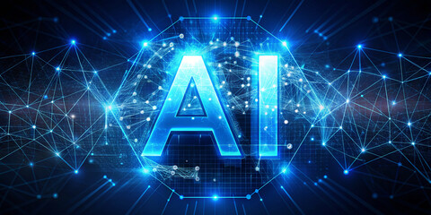 Poster - A vibrant representation of artificial intelligence showcases a large glowing AI symbol surrounded by intricate lines and digital connections, reflecting innovation and technology