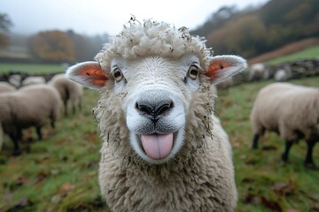 Poster - Funny Sheep Sticking Out Tongue Close Up Photograph in Grassy Field with Other Sheep and Cloudy Sky Perfect for Humor : Generative AI