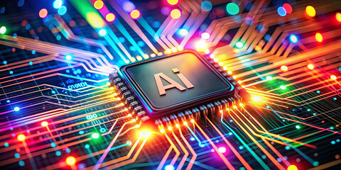 Poster - A vibrant circuit board showcases an AI processor at its center, surrounded by colorful lights highlighting intricate connections in a futuristic setting