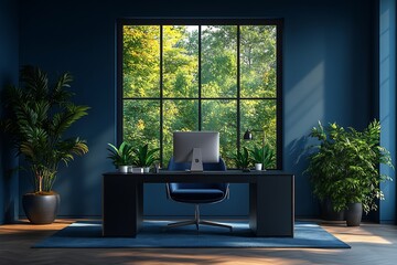 Poster - Modern Home Office Interior with Desk Chair Plants and Green View Contemporary Workspace Interior Design : Generative AI