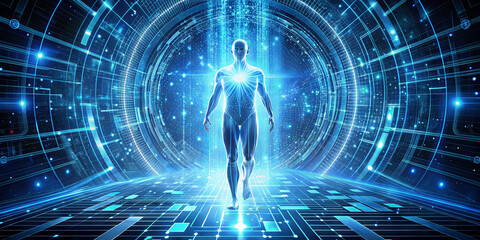 Poster - A humanoid figure walks through a glowing digital vortex filled with blue light and intricate patterns, symbolizing the fusion of humanity and technology in a futuristic realm