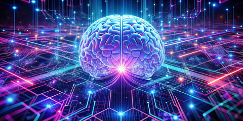 Poster - A glowing digital brain sits at the center of a futuristic circuit grid, illuminated with vibrant colors. The setting suggests advanced technology and artificial intelligence, conveying innovation